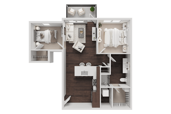 A detailed 3D floor plan of a house layout.