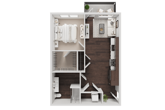 A top-down view of a small, neatly organized apartment with a kitchen, living room, and bathroom.