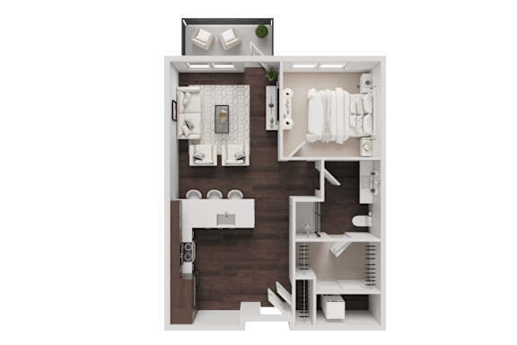 A floor plan of a small apartment with a kitchen, living room, and bathroom.