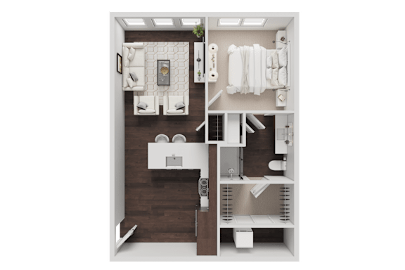 A 3D rendered image of a small, modern bathroom.