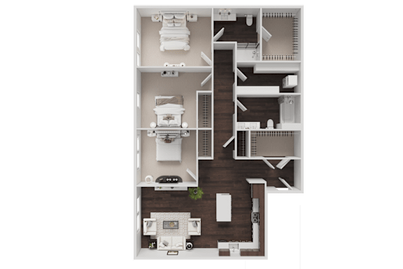 A top-down view of a house layout with a kitchen, living room, dining area, and bedrooms.