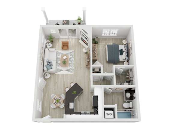 A top-down view of a small apartment with a kitchen, living room, bedroom, and bathroom.