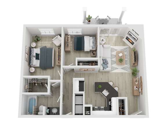A top-down view of a small apartment with a kitchen, living room, and bathroom.