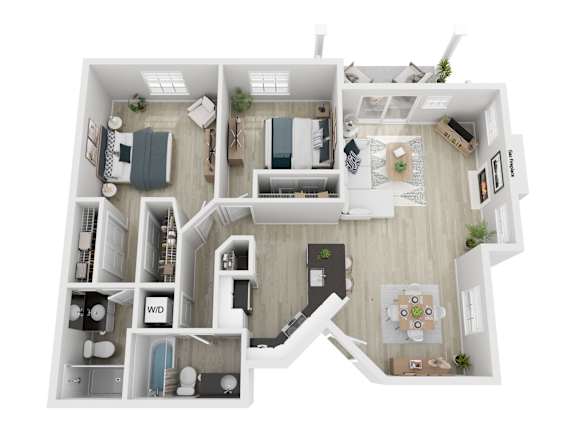 A 3D floor plan of a house with labeled rooms.