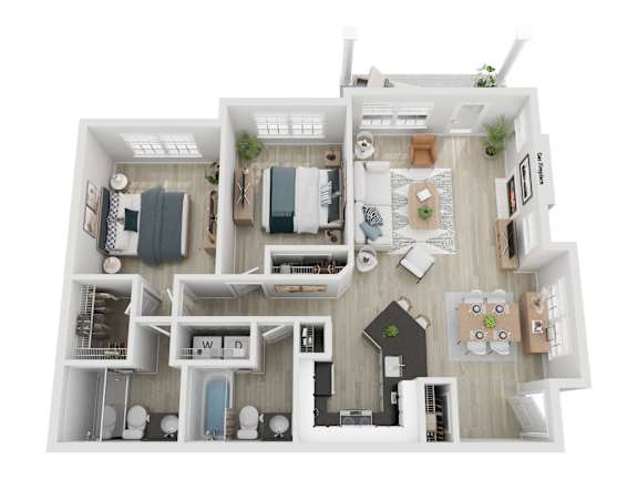 A top-down view of a small apartment layout with a kitchen, living room, and bathroom.