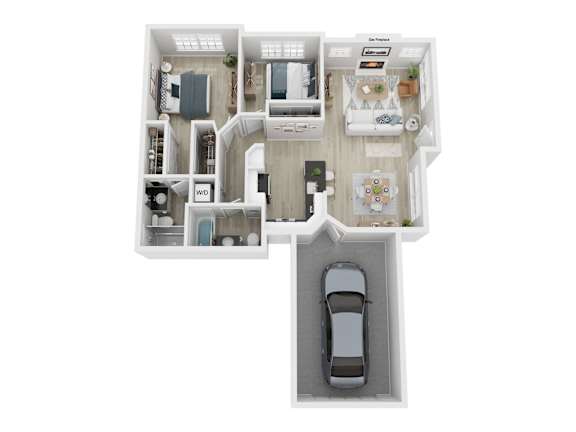 A car is parked in a garage attached to a house.