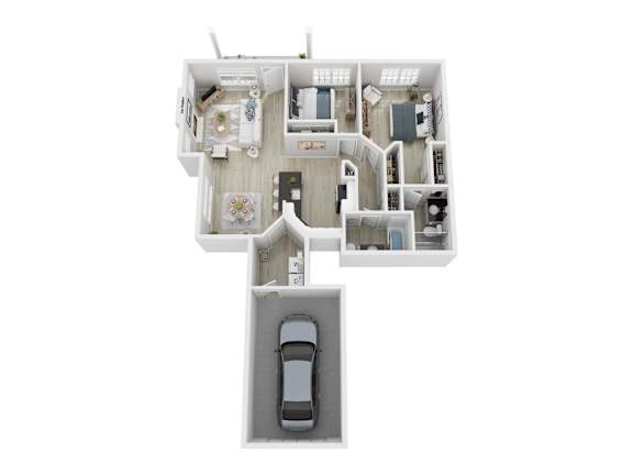 A top down view of a house with a car in the garage.