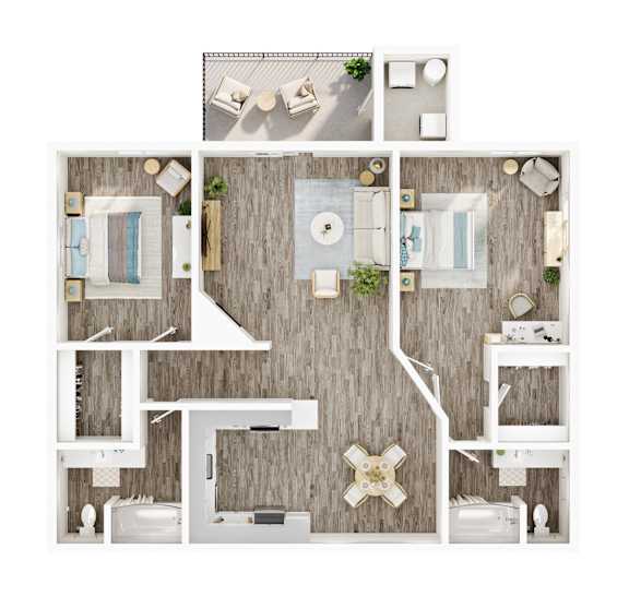 A top-down view of a small apartment layout with a kitchen, living room, and bathroom.