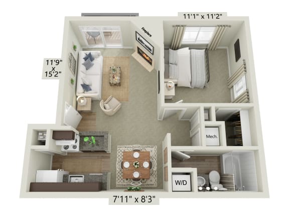 this is a 3d floor plan of a 731 square foot 1 bedroom apartment at the