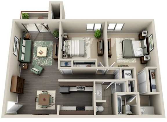 A 3D floor plan of a small apartment with a kitchen, living room, and bedroom.