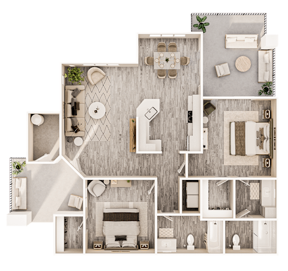 A top-down view of a house layout with a living room, kitchen, and bathrooms.