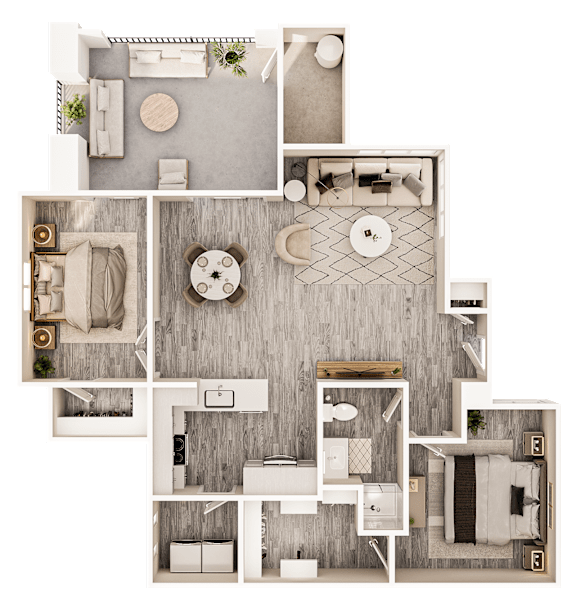 A detailed 3D floor plan of a house layout.