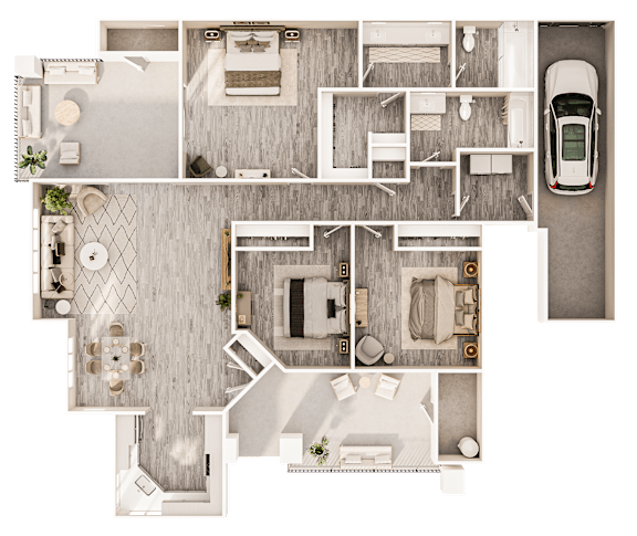 A top-down view of a house layout with a car parked outside.