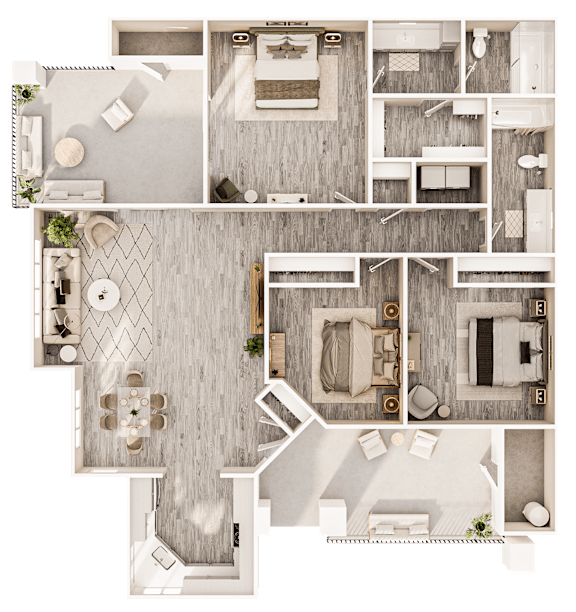 A floor plan of a house with a kitchen, living room, dining room, and bathrooms.