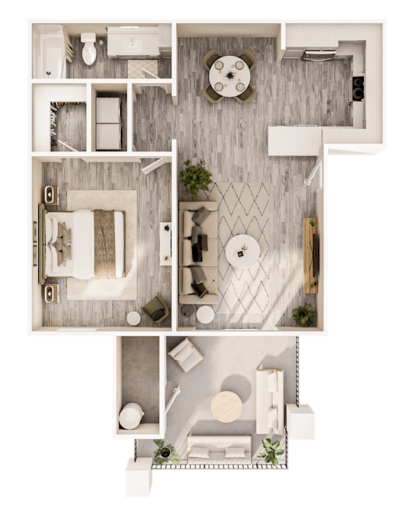 A top-down view of a modern apartment layout.