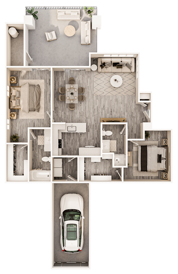 A floor plan of a house with a garage and a car.