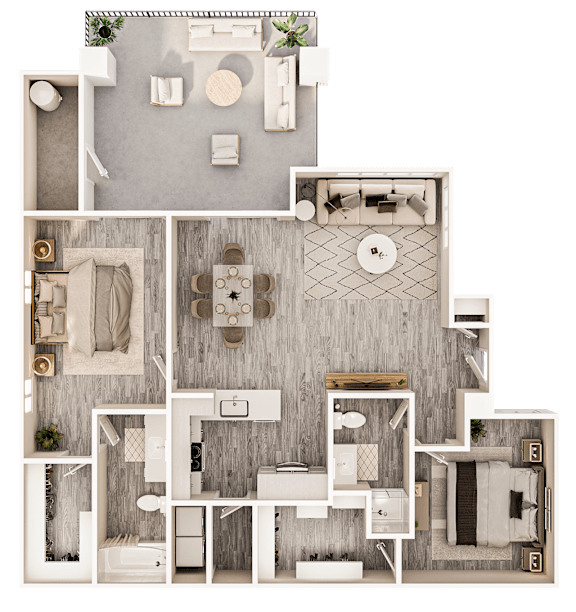A floor plan of a house with a kitchen, living room, and bedrooms.