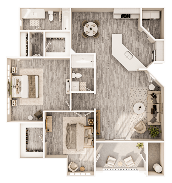 A top-down view of a house layout with a living room, kitchen, and two bedrooms.