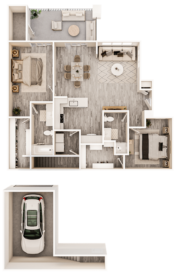 A floor plan of a house with a garage and a car.