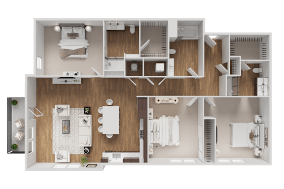 A detailed 3D floor plan of a house showing the layout of the rooms.