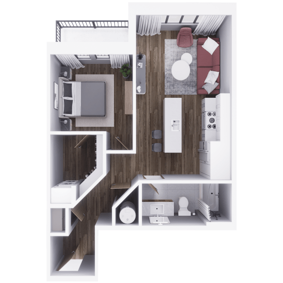a 3d rendering of a furnished apartment with a bedroom and living room