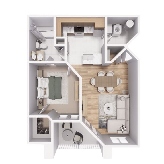 A top-down view of a small apartment with a kitchen, living room, and bathroom.