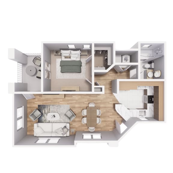 A top-down view of a modern apartment layout with a kitchen, living room, and bedroom.