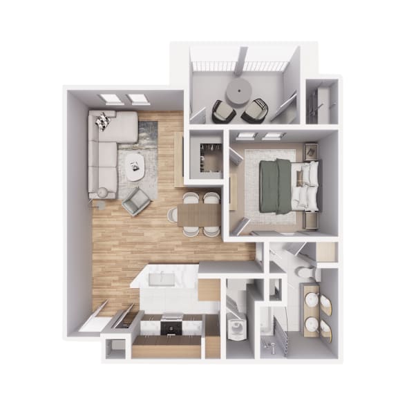 A 3D floor plan of a small apartment with a kitchen, living room, and bathroom.