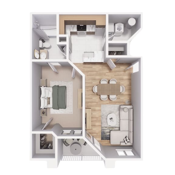 A top-down view of a modern apartment layout.