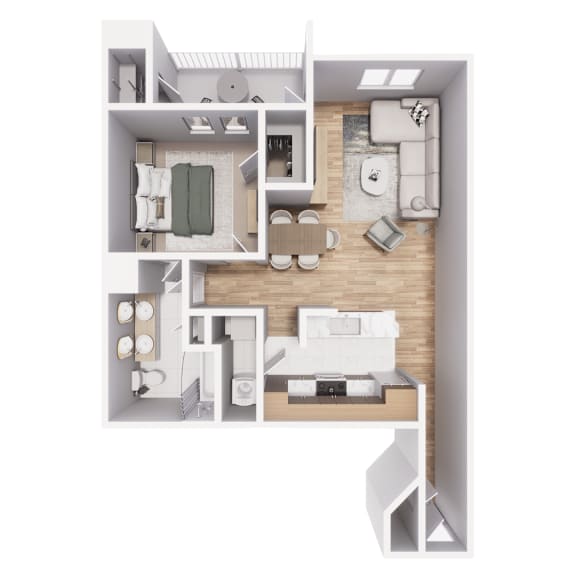 A 3D floor plan of a small apartment with a kitchen, living room, and bathroom.