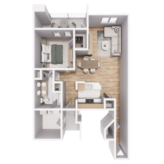 A 3D floor plan of a small apartment with a kitchen, living room, and bathroom.