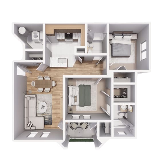 A top-down view of a small apartment layout with a kitchen, living room, and bedrooms.