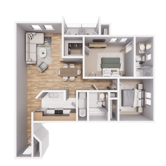 A top-down view of a modern, minimalist apartment layout.