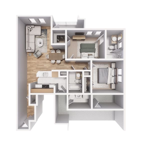 Floor Plan  A 3D floor plan of a small apartment with a kitchen, living room, and bedrooms.