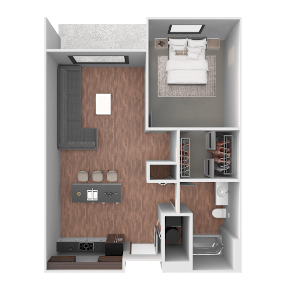 A 3D rendered image of a small apartment layout.