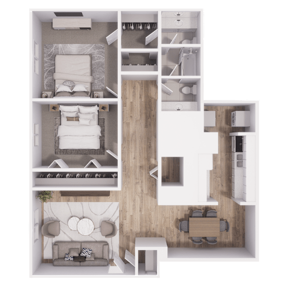 A top-down view of a modern apartment layout with a living room, kitchen, and two bedrooms.
