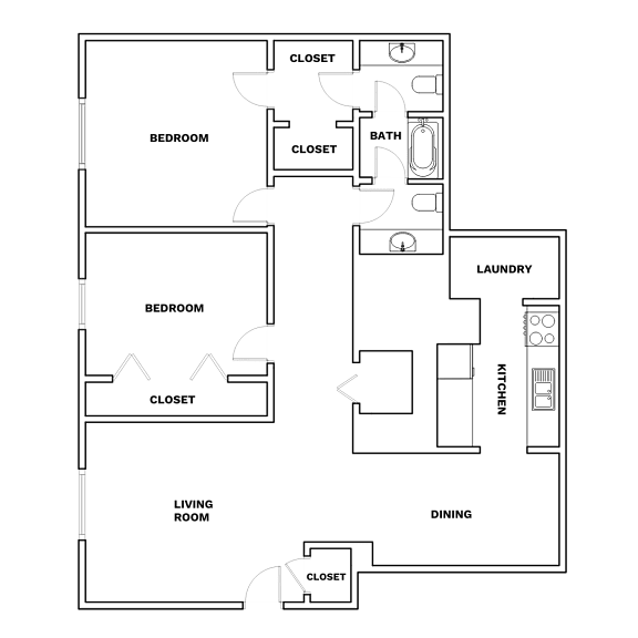 A floor plan of a house with two bedrooms, a living room, a dining area, a kitchen, a bathroom, and a laundry room.