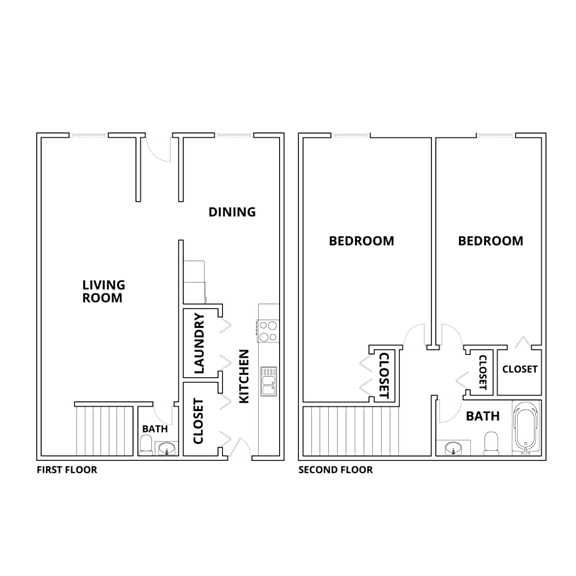 A floor plan of a two-story apartment with labeled rooms.