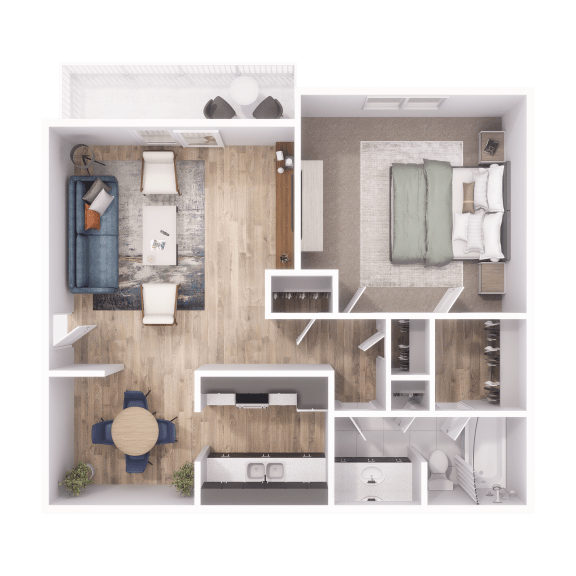 a 3d floor plan of a bedroom with a living room