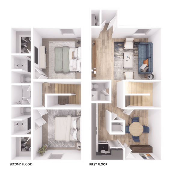 a 3d rendering of a bedroom and a living room with different floor plans