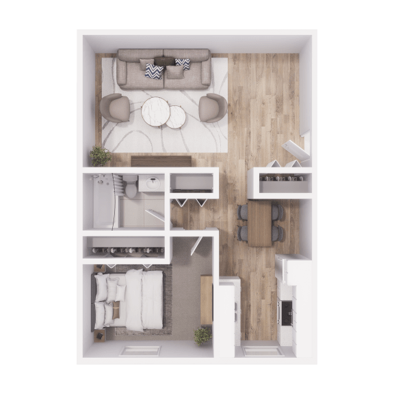 a 3d floor plan of a bedroom with a living room and a dining room