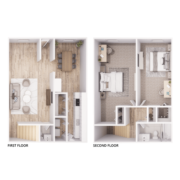 A floor plan of a two-story apartment with a first and second floor.