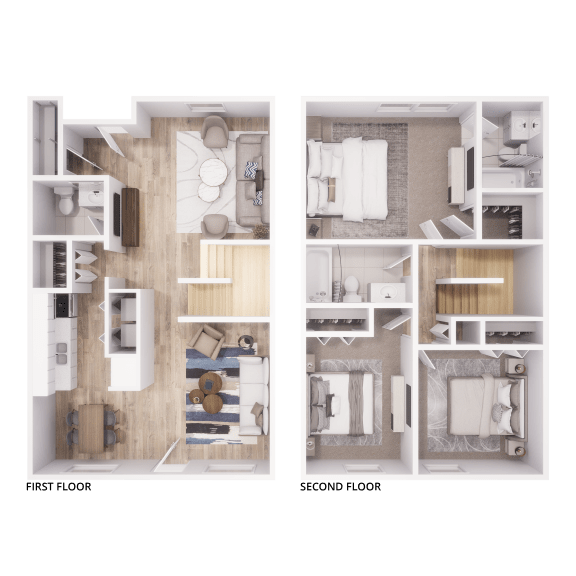 a 3d rendering of two floor plans of a home with different layouts of rooms