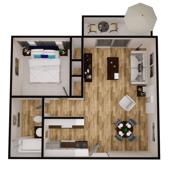 a rendering of our 1 bedroom floor plan