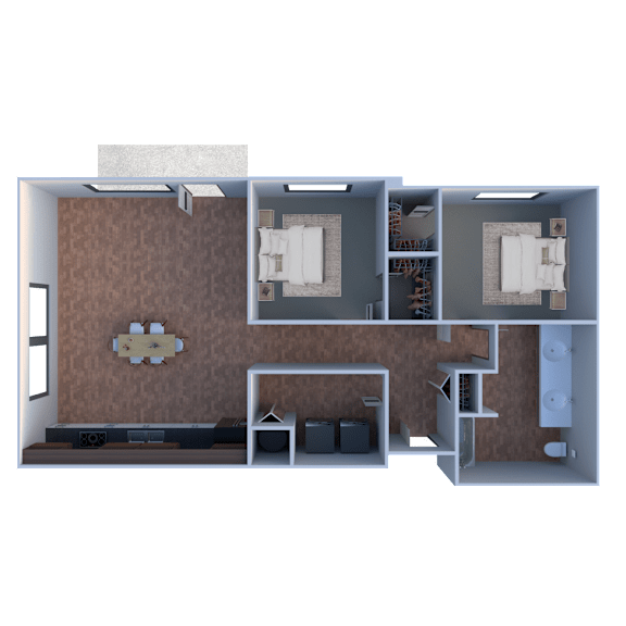 A 3D rendered image of a house layout with a brown carpeted living room.
