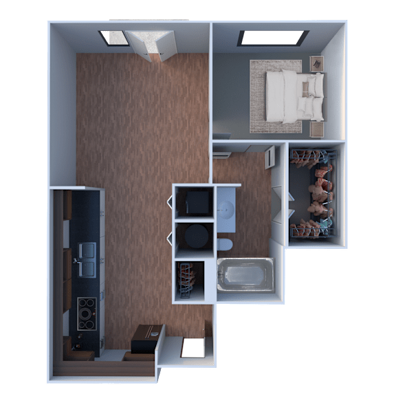 A 3D floor plan of a small apartment with a living room, kitchen, and bedroom.