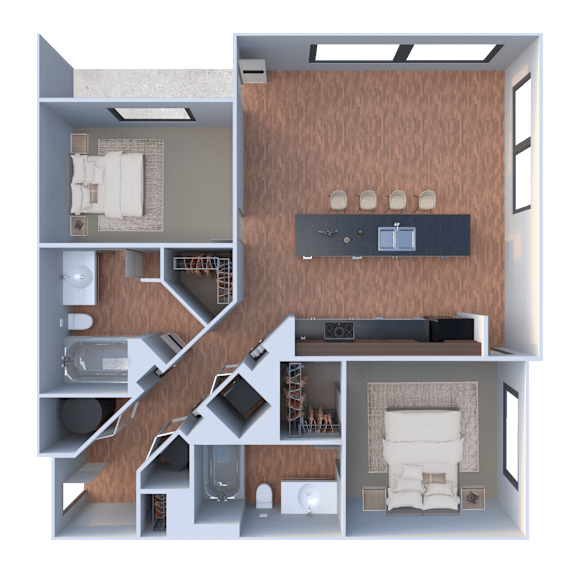 A 3D floor plan of a small apartment with a kitchen, living room, and bedroom.