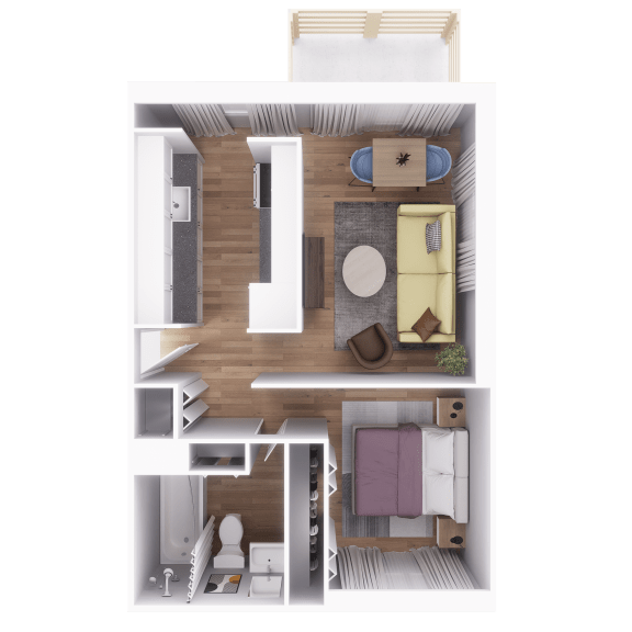 a 3d rendering of a bedroom with a living room