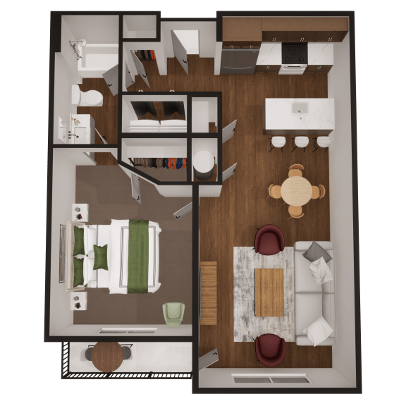a floor plan of a 1 bedroom apartment with a living room, dining room and kitchen