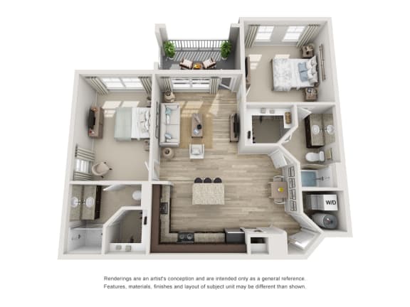 a stylized floor plan with a bedroom and living room